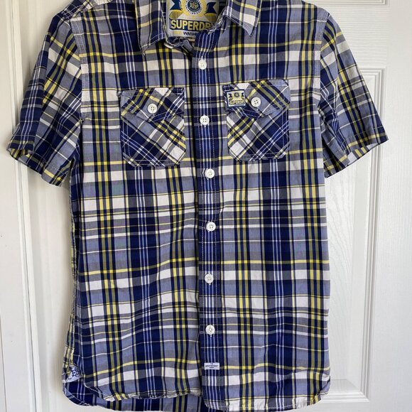 Superdry Mens Short Sleeve Plaid Button-Up Shirt Medium Cotton Blend Blue/Yellow - Picture 1 of 11